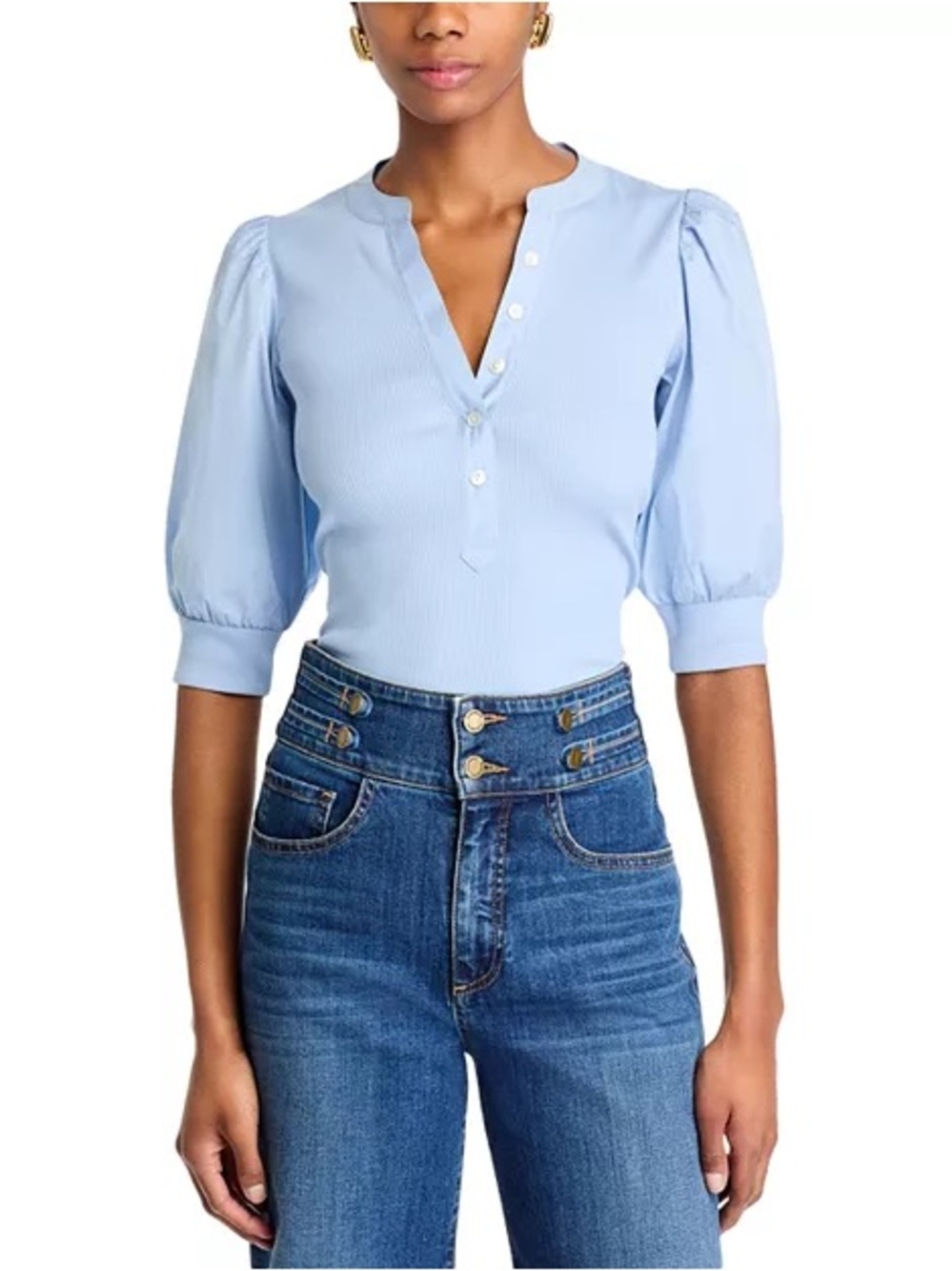 Veronica Beard Coralee Blue Puff Sleeve Pima Cotton Henley Blouse Sz Xs